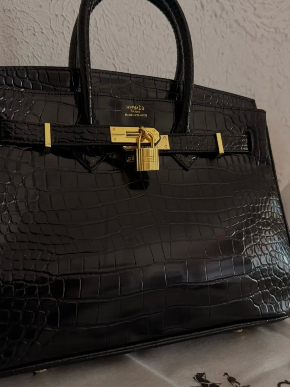 Black Croc-Embossed Tote with Gold Hardware